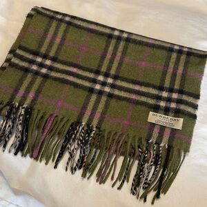 Burberry Olive Green and Pink Checkered 100% cashmere Scarf